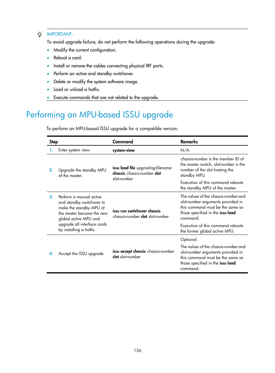 Performing an mpu-based issu upgrade | H3C Technologies H3C S12500 Series Switches User Manual | Page 148 / 237