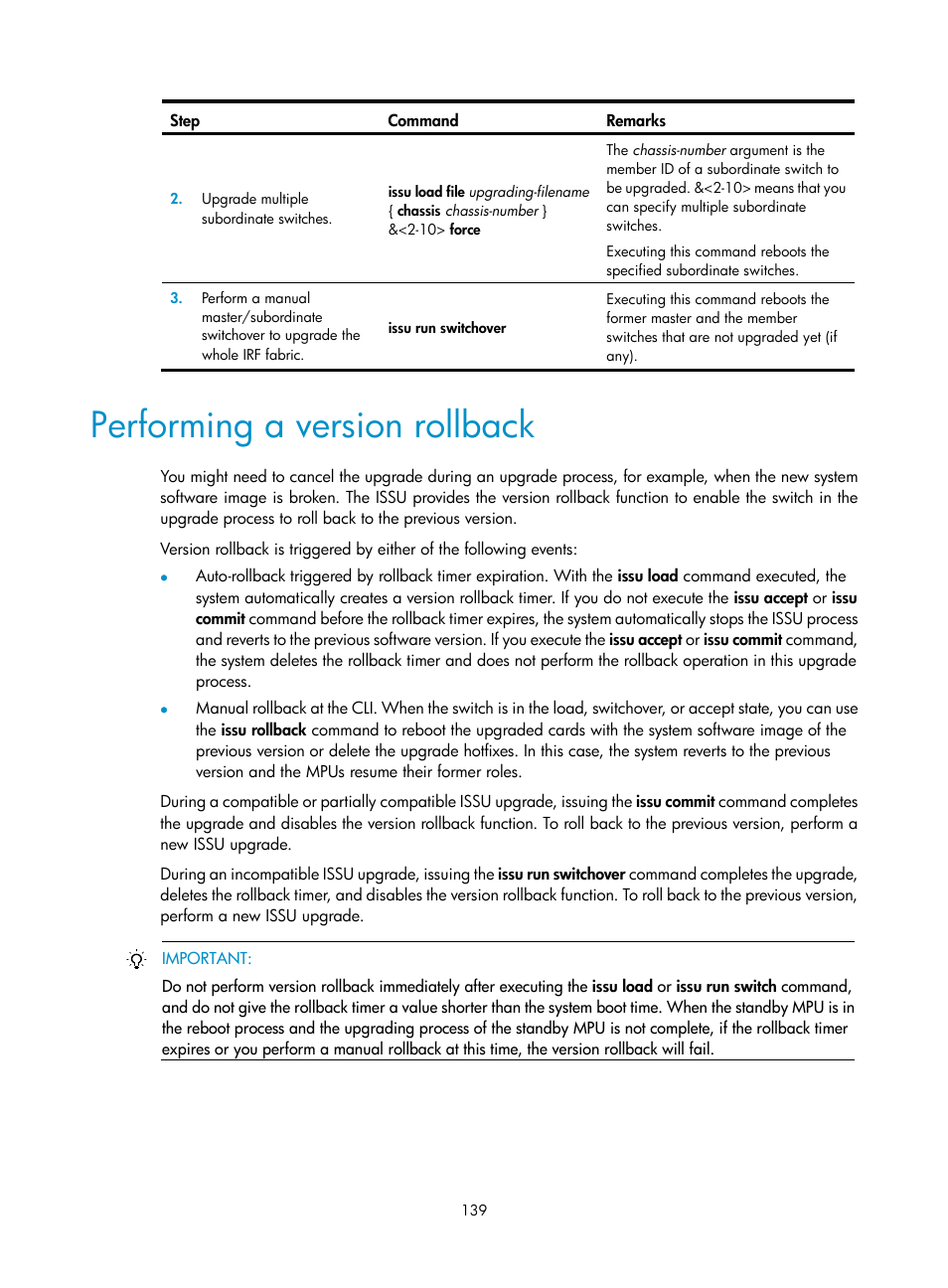Performing a version rollback | H3C Technologies H3C S12500 Series Switches User Manual | Page 151 / 237