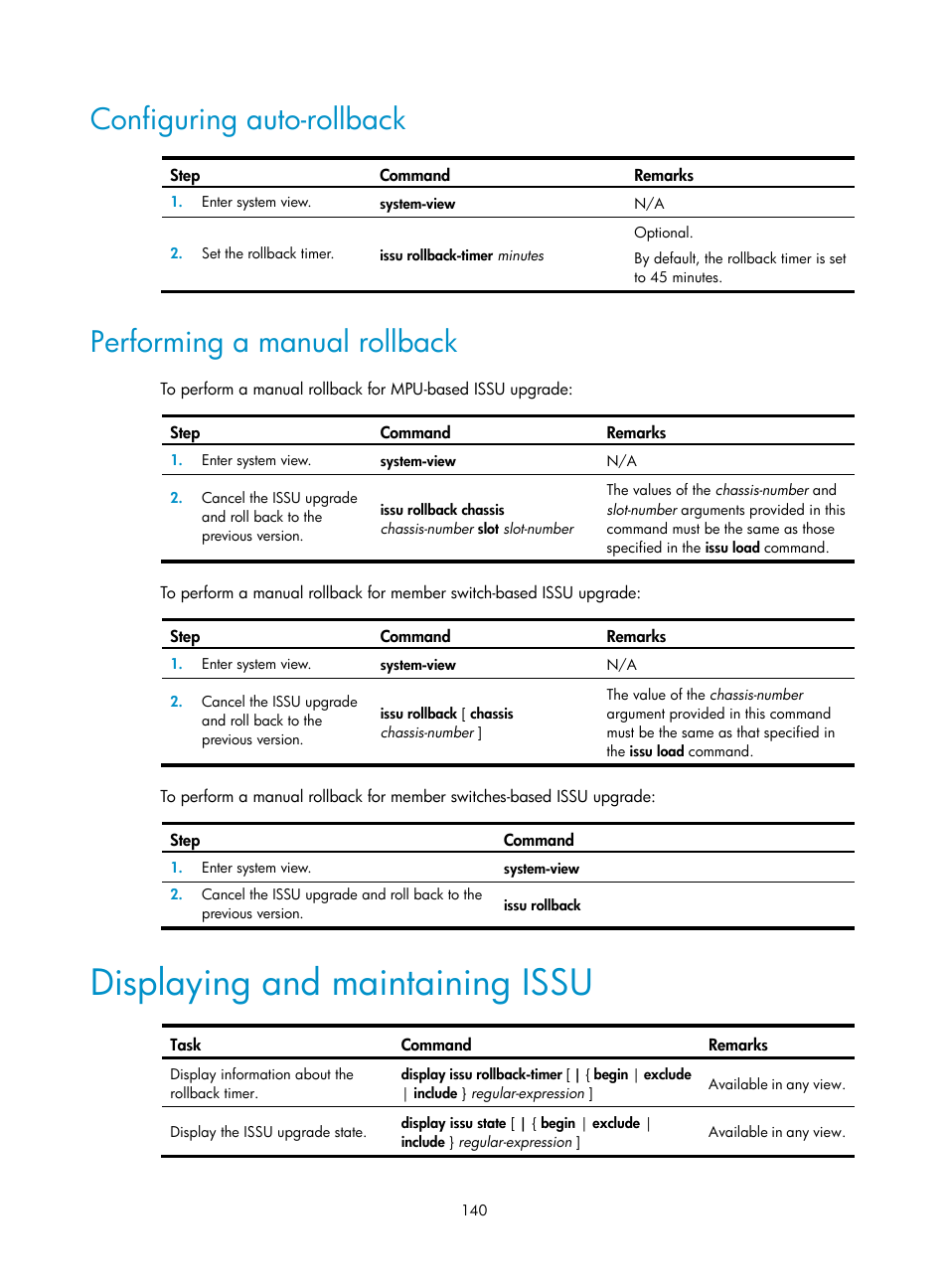 Configuring auto-rollback, Performing a manual rollback, Displaying and maintaining issu | H3C Technologies H3C S12500 Series Switches User Manual | Page 152 / 237