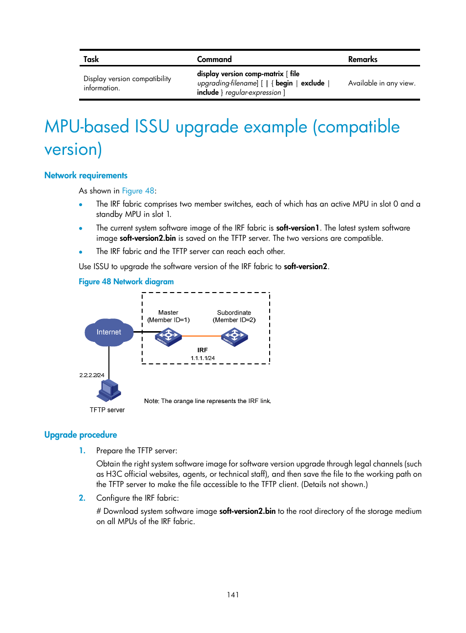 Network requirements, Upgrade procedure | H3C Technologies H3C S12500 Series Switches User Manual | Page 153 / 237