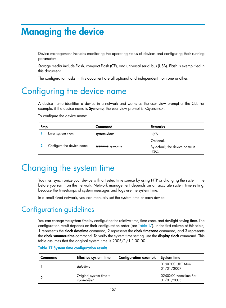 Managing the device, Configuring the device name, Changing the system time | Configuration guidelines | H3C Technologies H3C S12500 Series Switches User Manual | Page 169 / 237