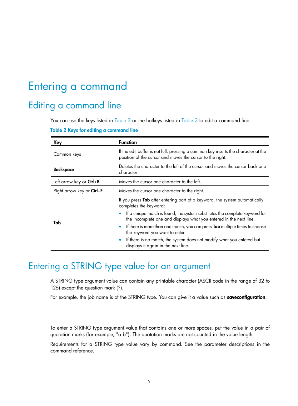Entering a command, Editing a command line, Entering a string type value for an argument | H3C Technologies H3C S12500 Series Switches User Manual | Page 17 / 237