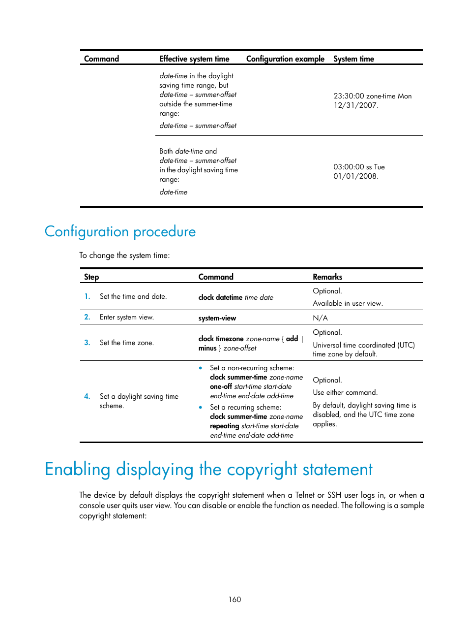 Configuration procedure, Enabling displaying the copyright statement | H3C Technologies H3C S12500 Series Switches User Manual | Page 172 / 237