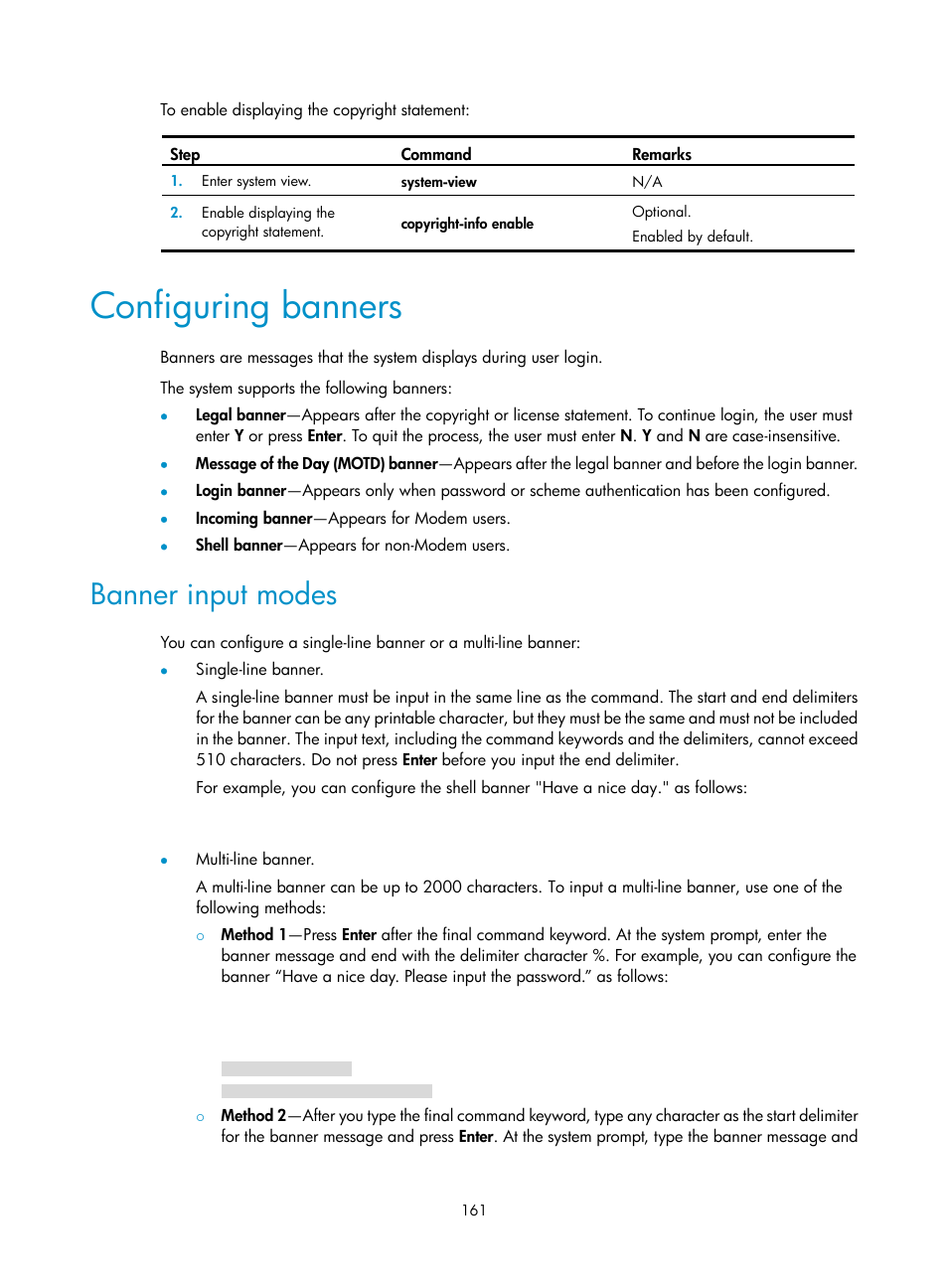 Configuring banners, Banner input modes | H3C Technologies H3C S12500 Series Switches User Manual | Page 173 / 237