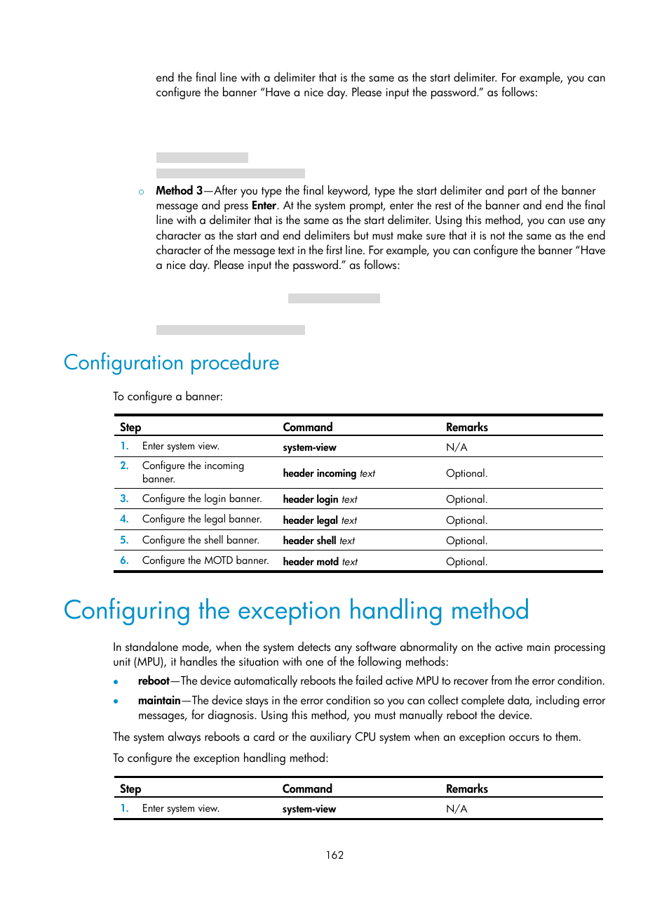 Configuration procedure, Configuring the exception handling method | H3C Technologies H3C S12500 Series Switches User Manual | Page 174 / 237