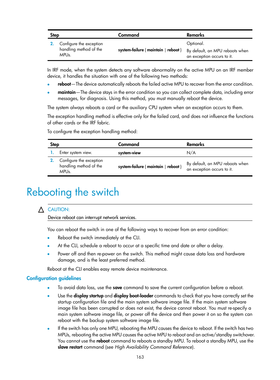 Rebooting the switch, Configuration guidelines | H3C Technologies H3C S12500 Series Switches User Manual | Page 175 / 237