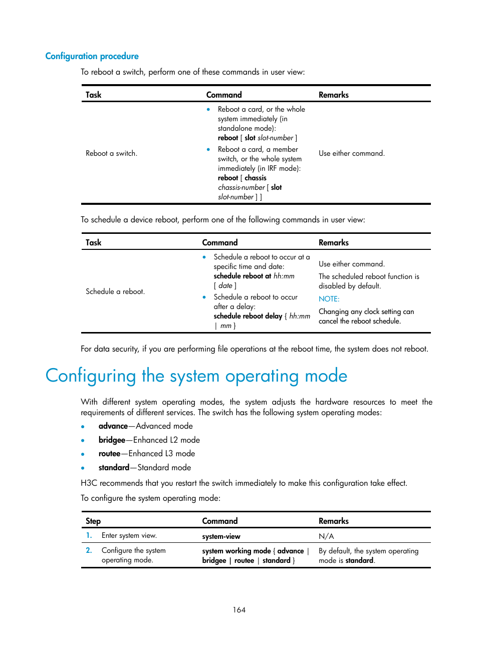 Configuration procedure, Configuring the system operating mode | H3C Technologies H3C S12500 Series Switches User Manual | Page 176 / 237