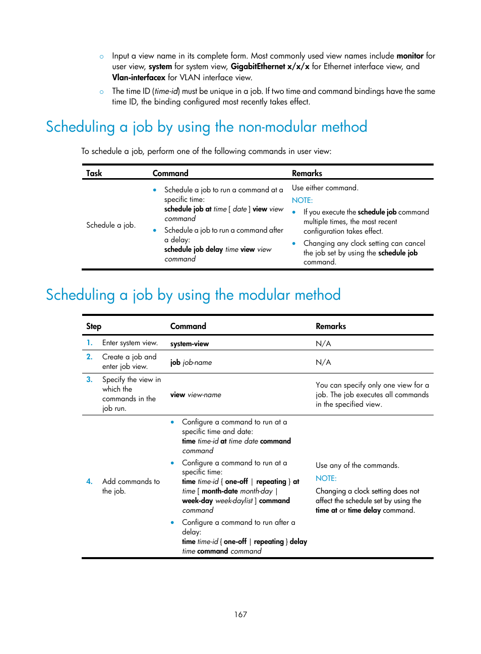 Scheduling a job by using the non-modular method, Scheduling a job by using the modular method, Scheduling a job by using the | Non-modular method, Modular method | H3C Technologies H3C S12500 Series Switches User Manual | Page 179 / 237