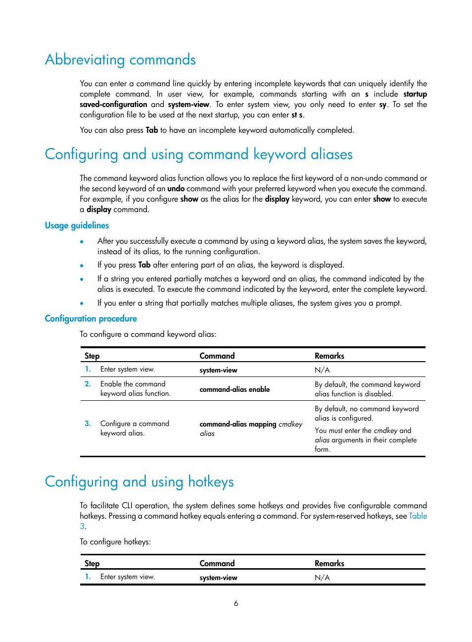 Abbreviating commands, Configuring and using command keyword aliases, Usage guidelines | Configuration procedure, Configuring and using hotkeys | H3C Technologies H3C S12500 Series Switches User Manual | Page 18 / 237