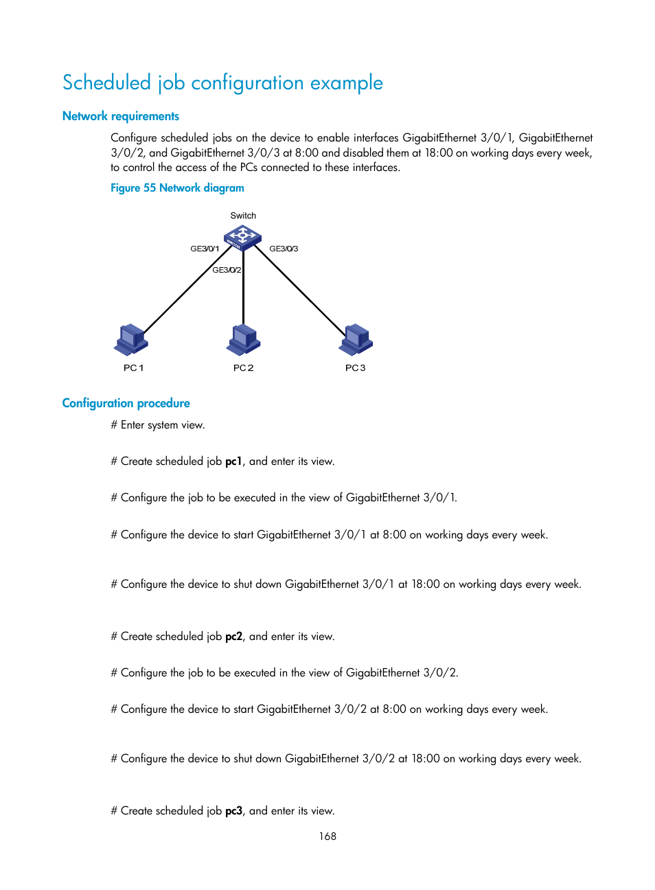 Scheduled job configuration example, Network requirements, Configuration procedure | H3C Technologies H3C S12500 Series Switches User Manual | Page 180 / 237