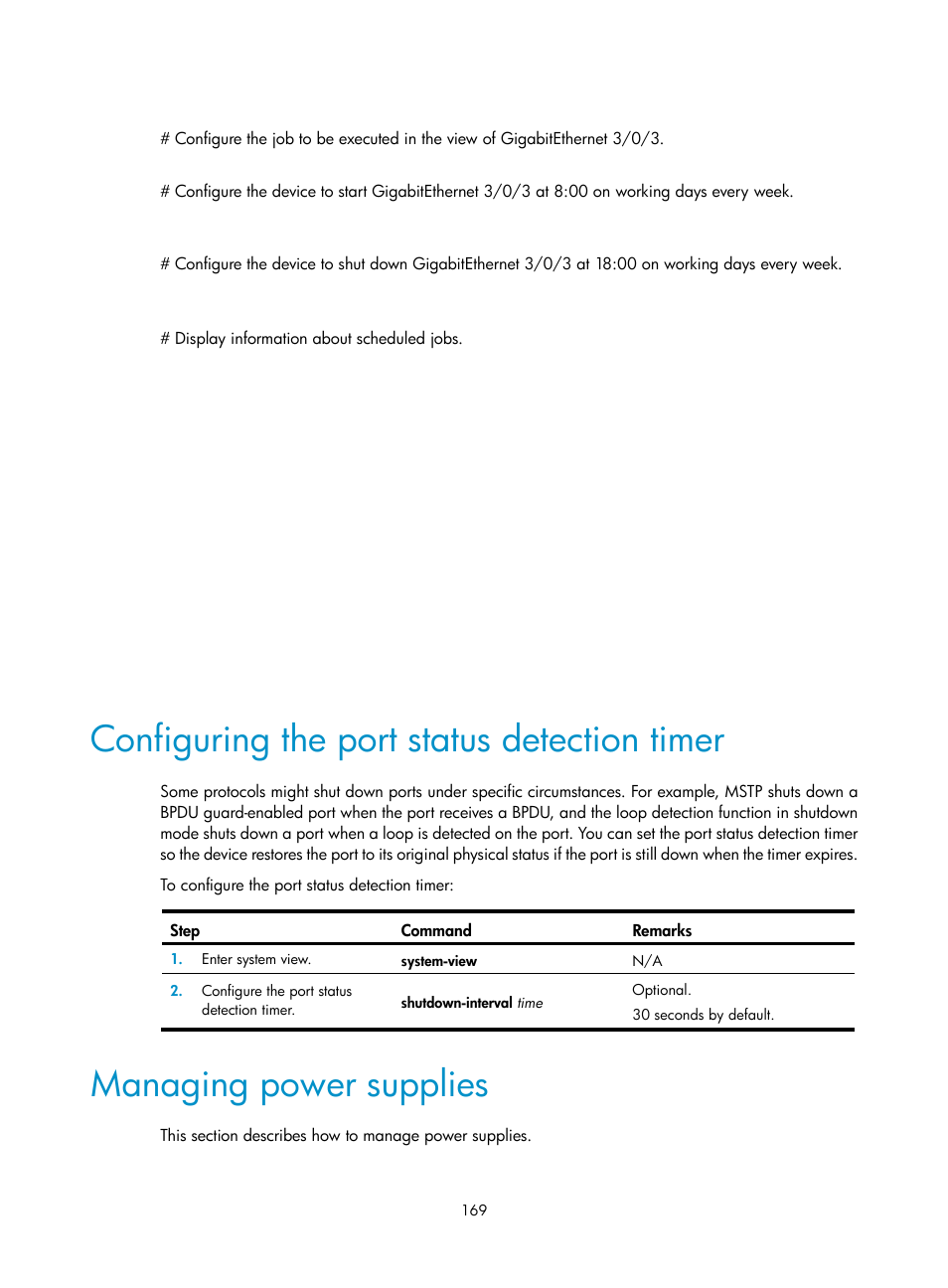 Configuring the port status detection timer, Managing power supplies | H3C Technologies H3C S12500 Series Switches User Manual | Page 181 / 237