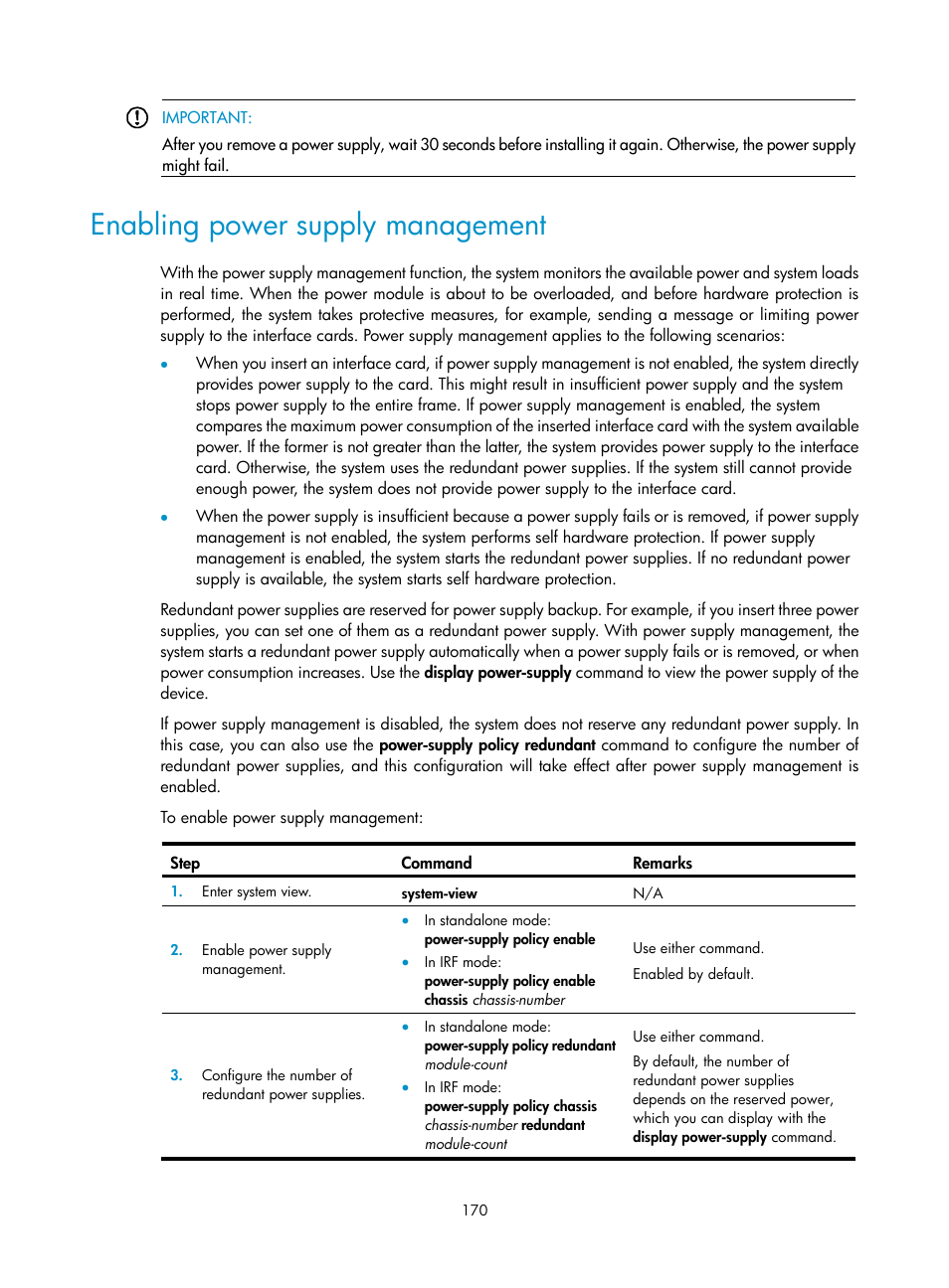 Enabling power supply management | H3C Technologies H3C S12500 Series Switches User Manual | Page 182 / 237
