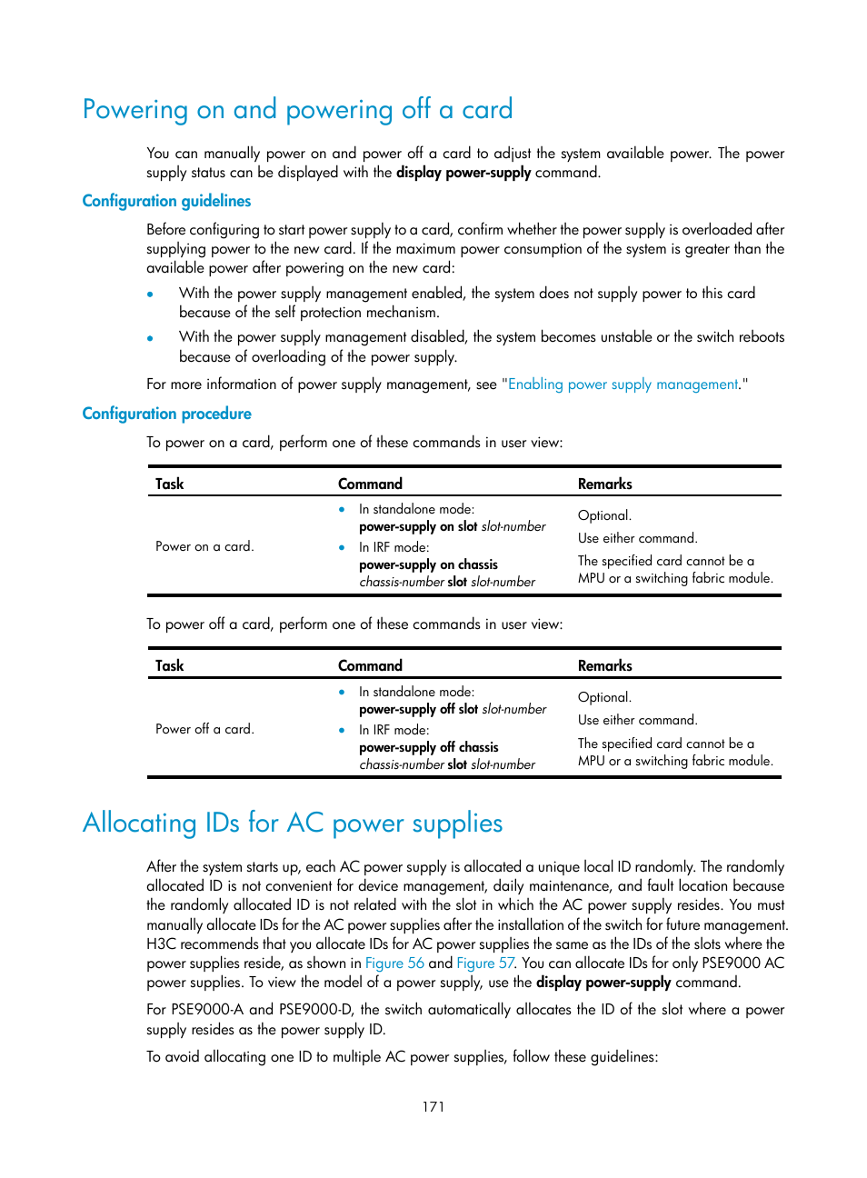 Powering on and powering off a card, Configuration guidelines, Configuration procedure | Allocating ids for ac power supplies | H3C Technologies H3C S12500 Series Switches User Manual | Page 183 / 237