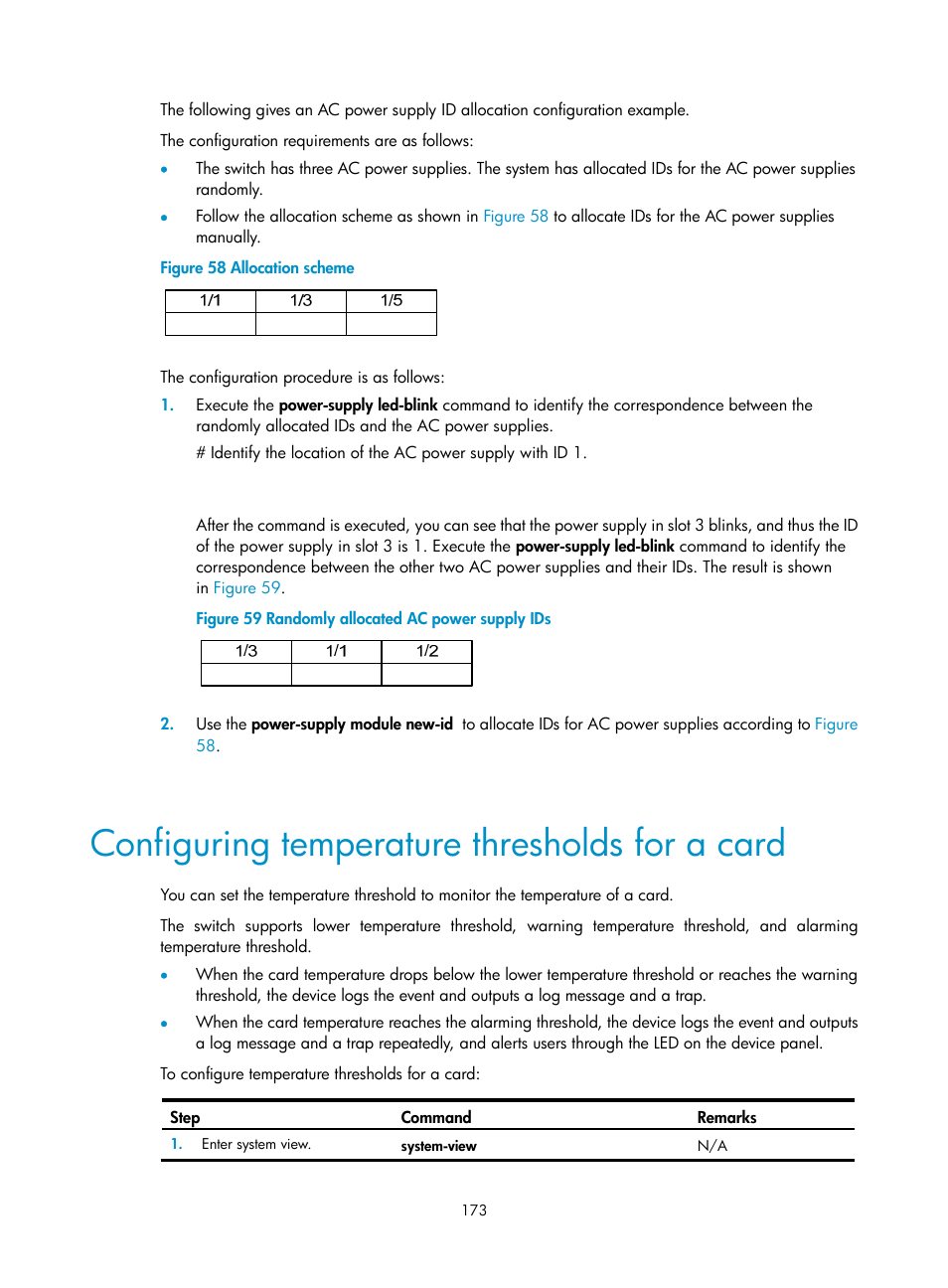 Configuring temperature thresholds for a card | H3C Technologies H3C S12500 Series Switches User Manual | Page 185 / 237