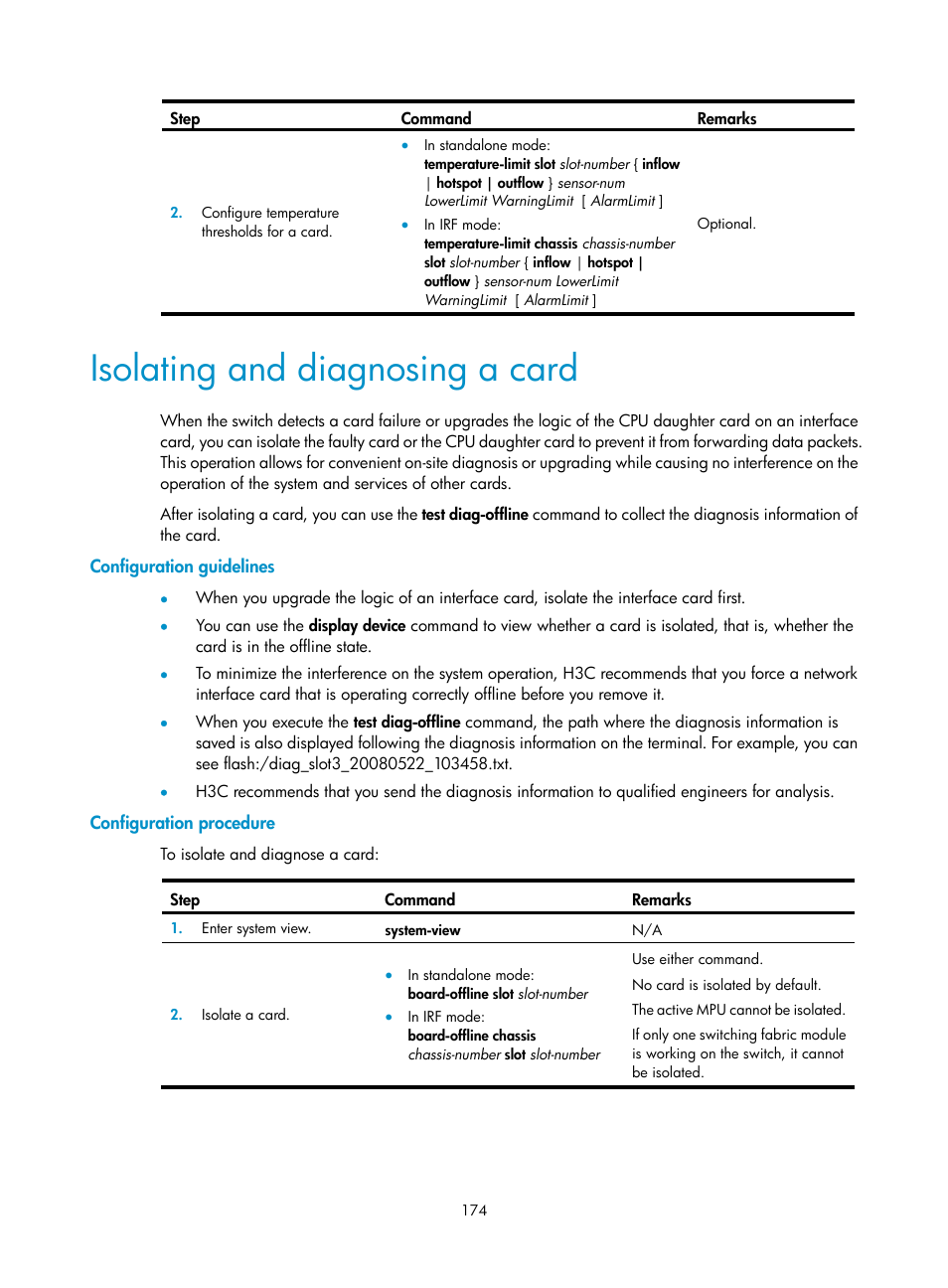 Isolating and diagnosing a card, Configuration guidelines, Configuration procedure | H3C Technologies H3C S12500 Series Switches User Manual | Page 186 / 237