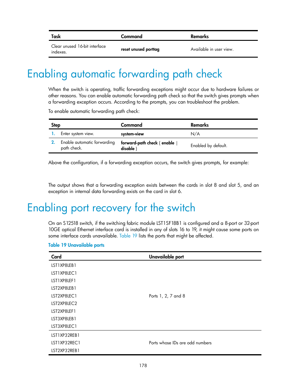 Enabling automatic forwarding path check, Enabling port recovery for the switch | H3C Technologies H3C S12500 Series Switches User Manual | Page 190 / 237