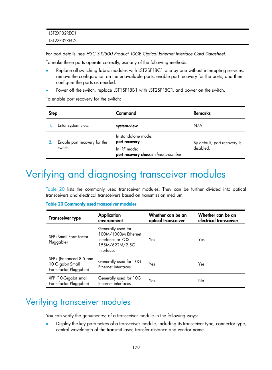 Verifying and diagnosing transceiver modules, Verifying transceiver modules | H3C Technologies H3C S12500 Series Switches User Manual | Page 191 / 237