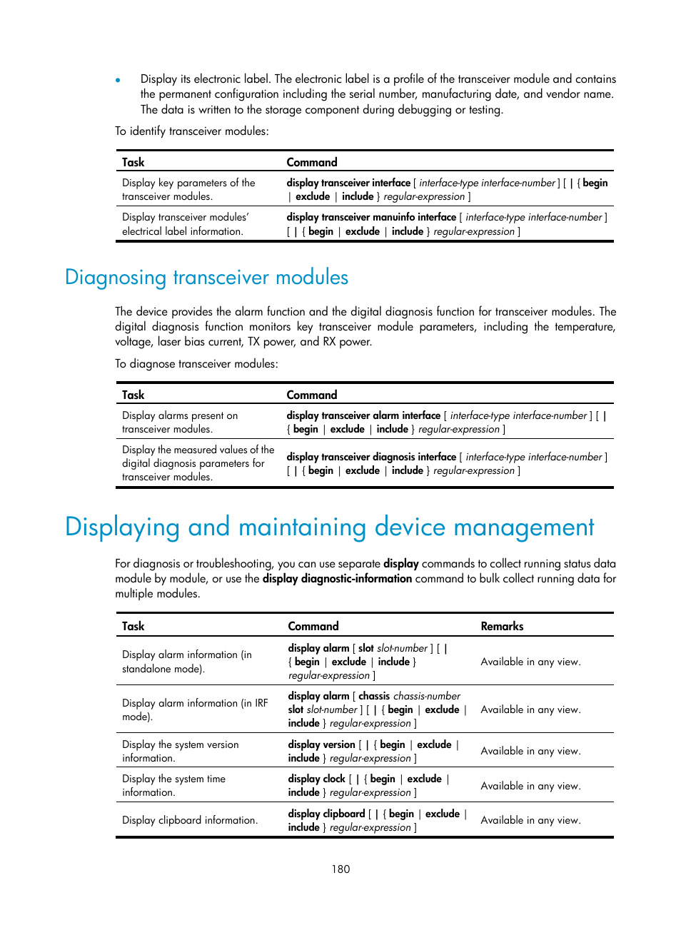 Diagnosing transceiver modules, Displaying and maintaining device management | H3C Technologies H3C S12500 Series Switches User Manual | Page 192 / 237