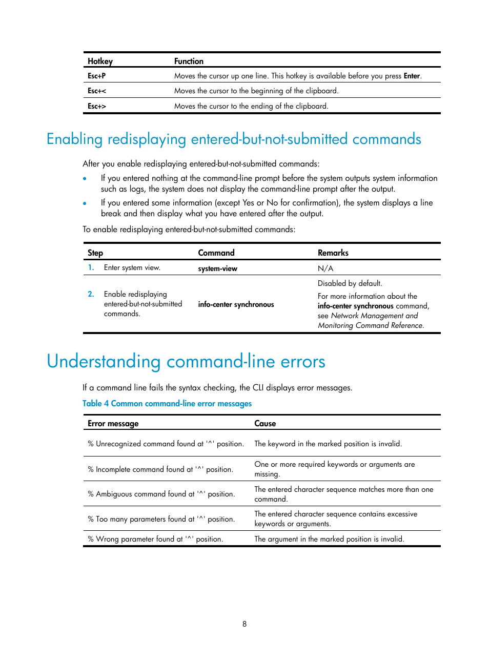 Understanding command-line errors | H3C Technologies H3C S12500 Series Switches User Manual | Page 20 / 237