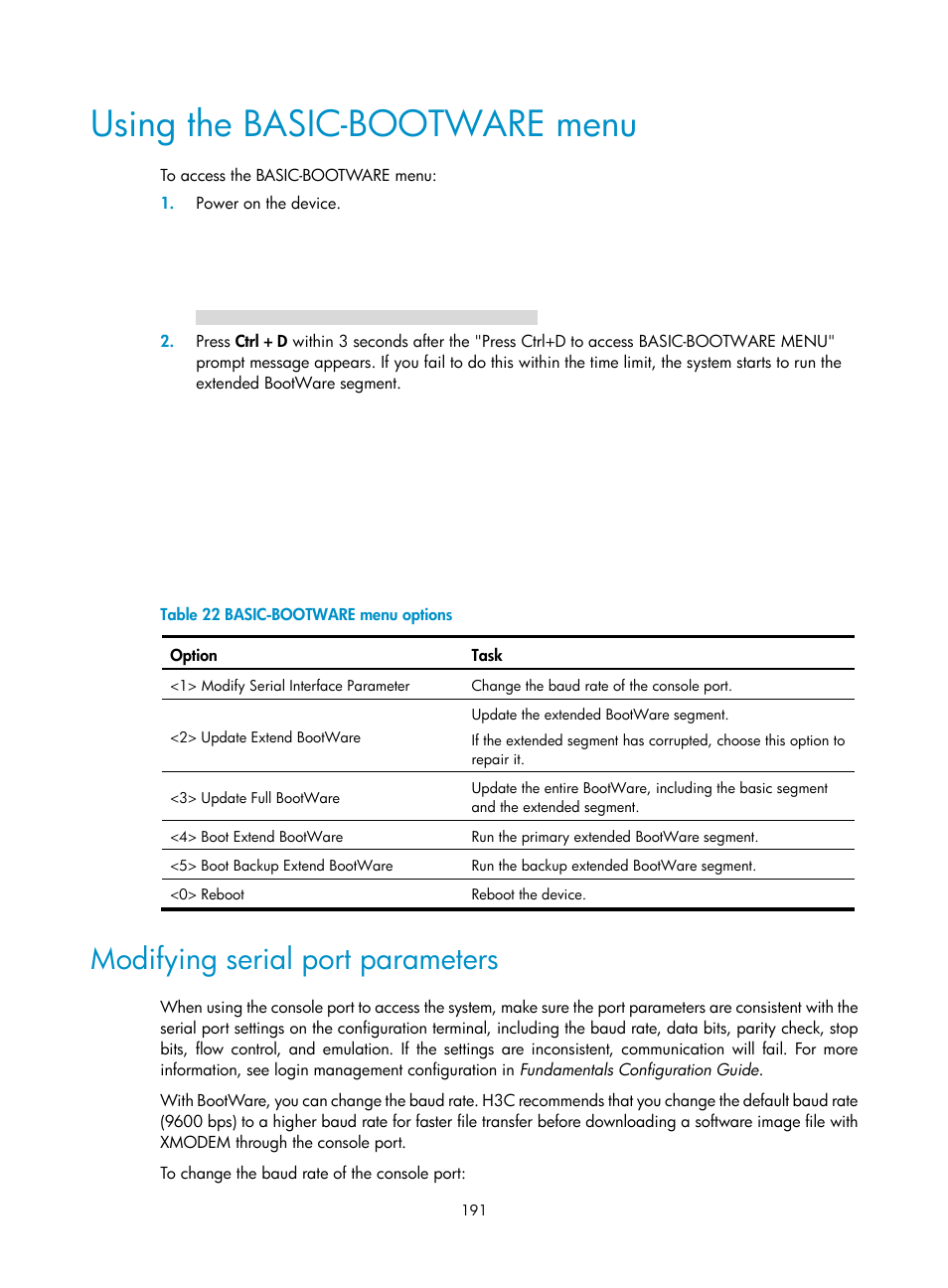 Using the basic-bootware menu, Modifying serial port parameters | H3C Technologies H3C S12500 Series Switches User Manual | Page 203 / 237