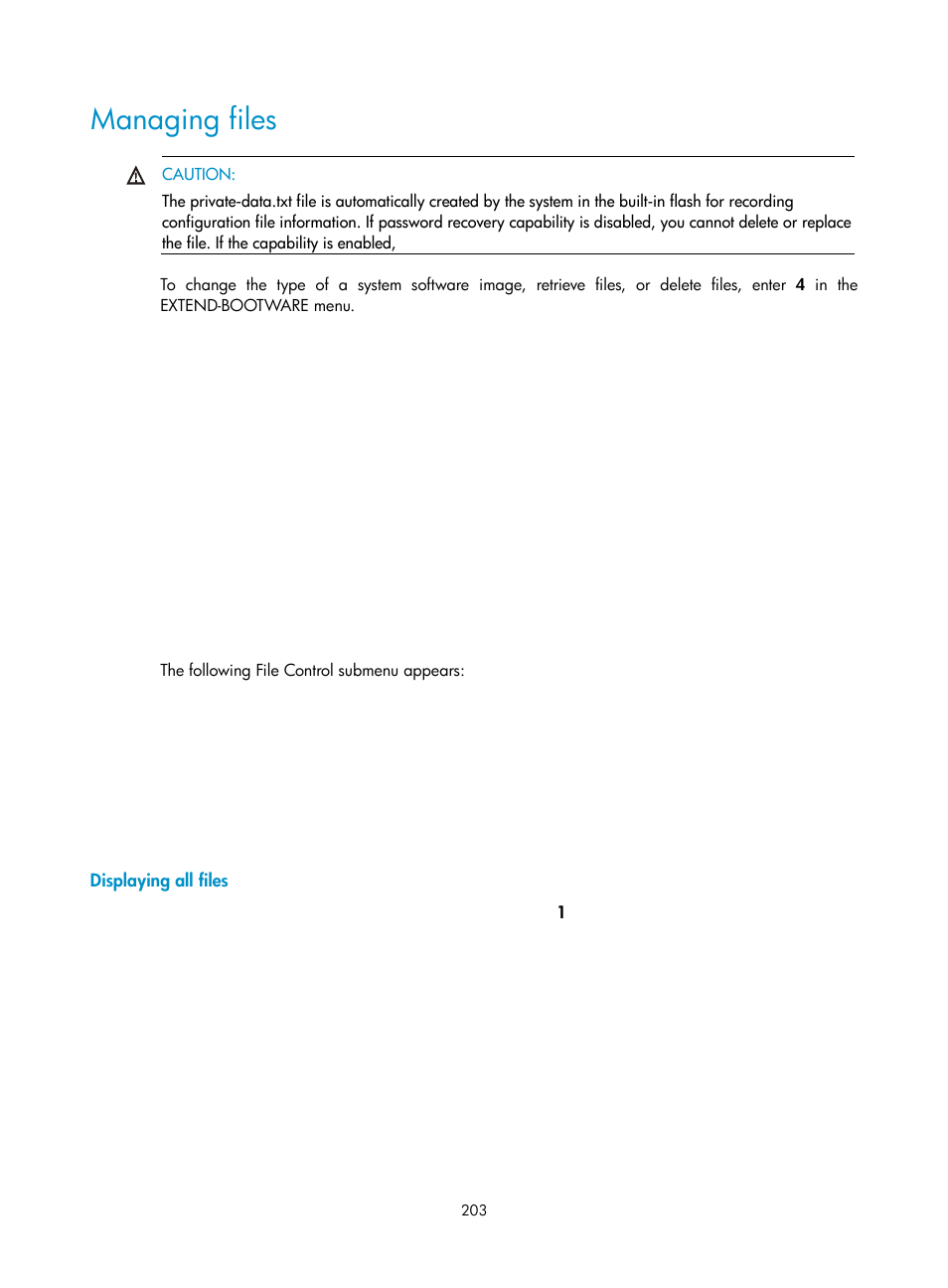 Managing files, Displaying all files | H3C Technologies H3C S12500 Series Switches User Manual | Page 215 / 237