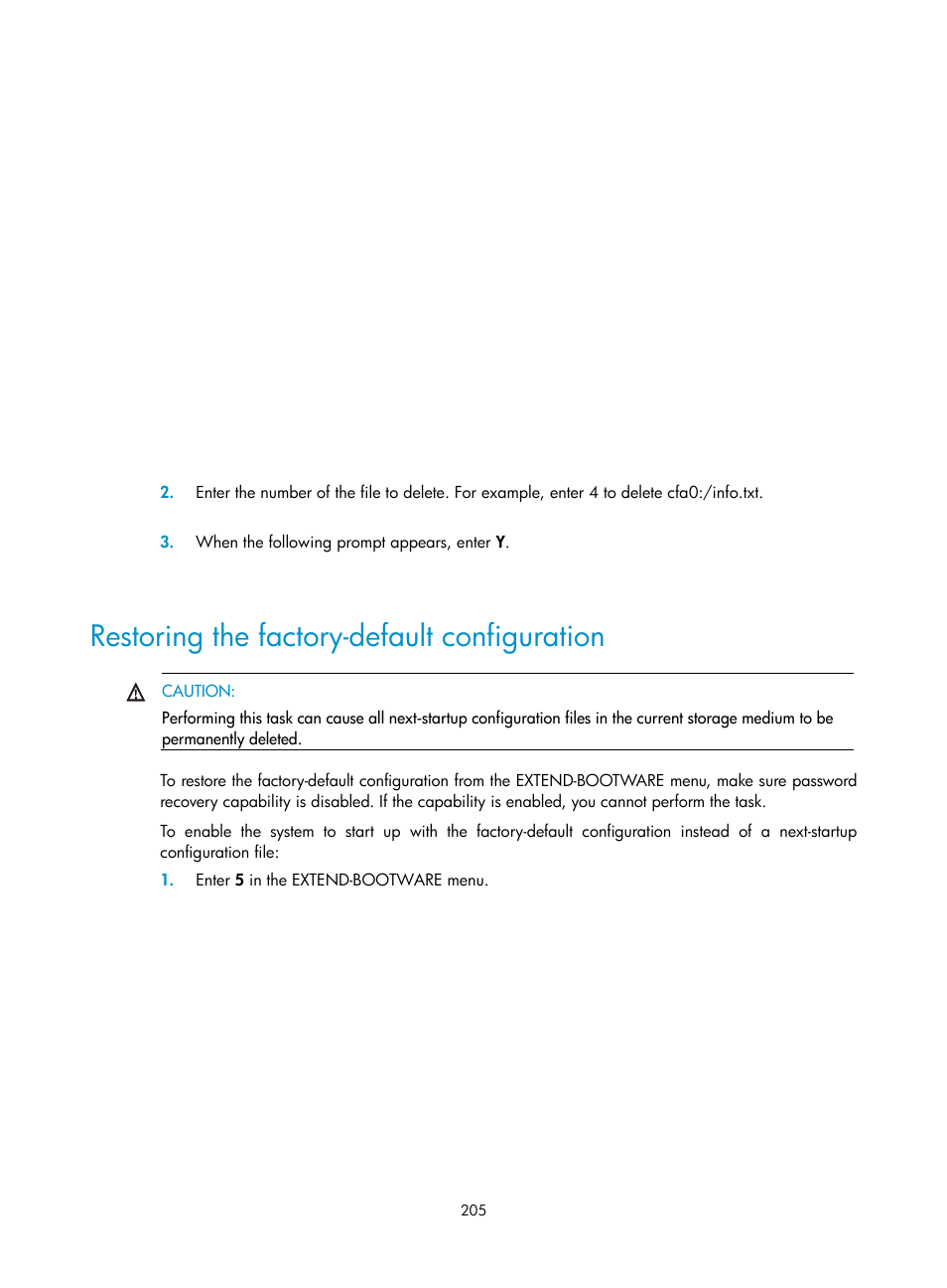Restoring the factory-default configuration | H3C Technologies H3C S12500 Series Switches User Manual | Page 217 / 237