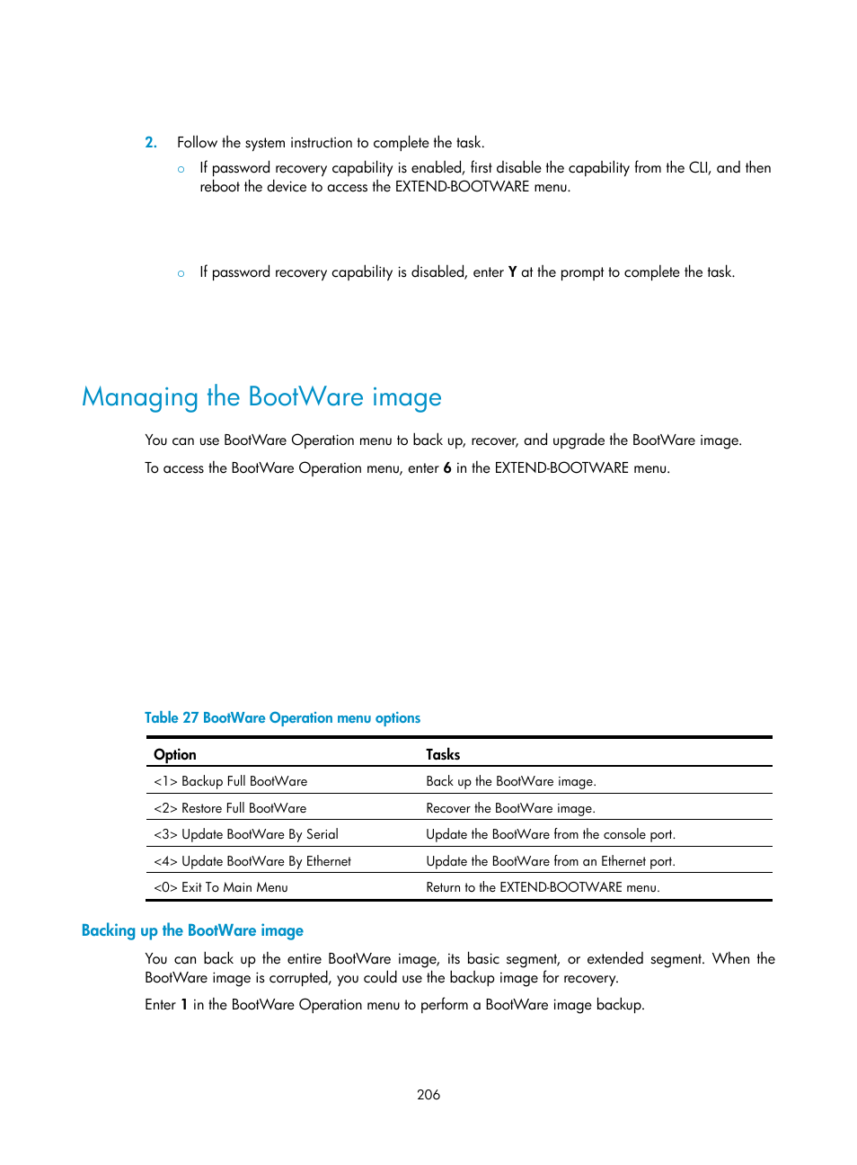 Managing the bootware image, Backing up the bootware image | H3C Technologies H3C S12500 Series Switches User Manual | Page 218 / 237