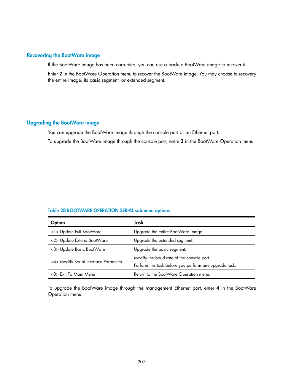 Recovering the bootware image, Upgrading the bootware image | H3C Technologies H3C S12500 Series Switches User Manual | Page 219 / 237