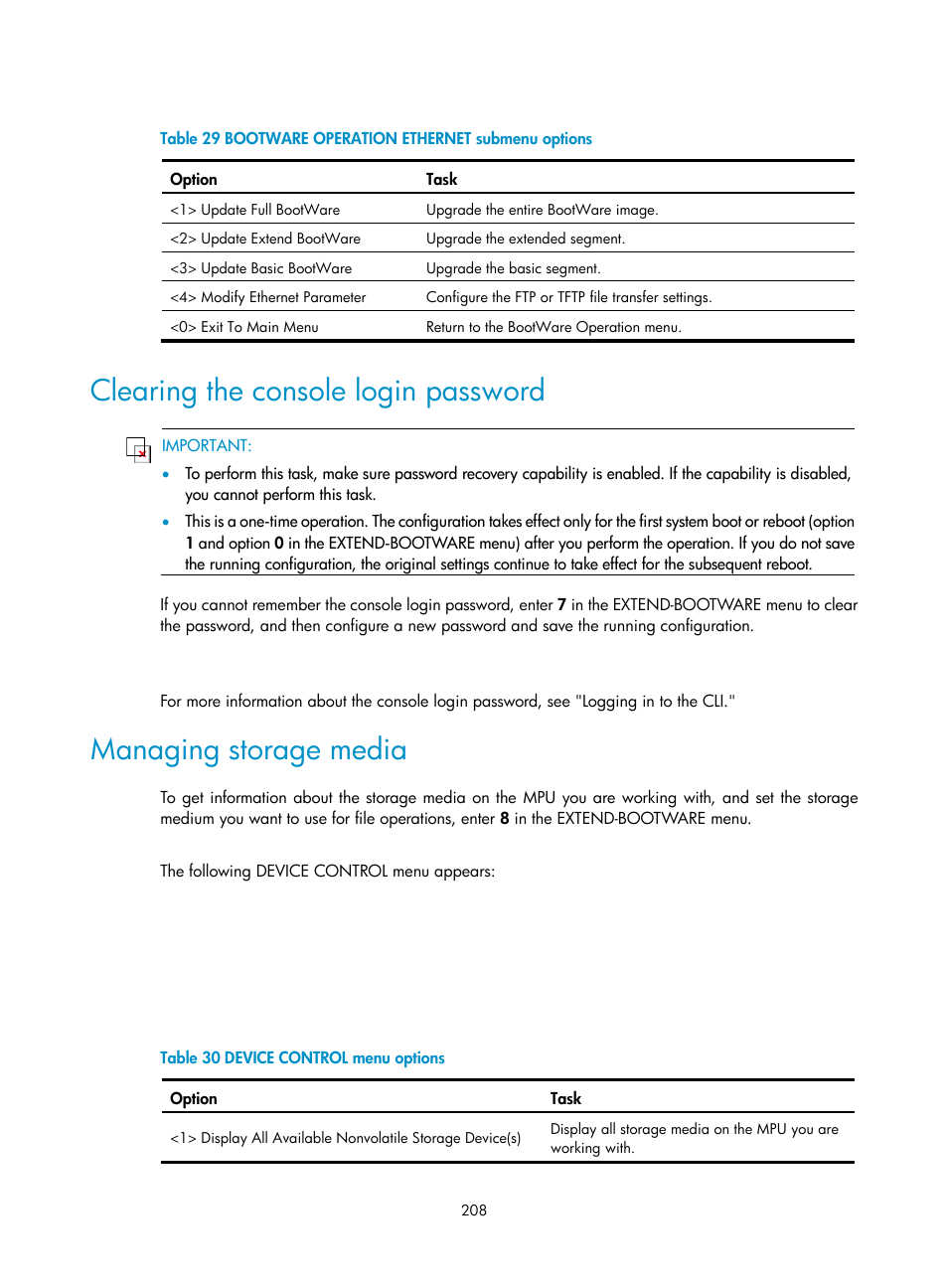 Clearing the console login password, Managing storage media | H3C Technologies H3C S12500 Series Switches User Manual | Page 220 / 237