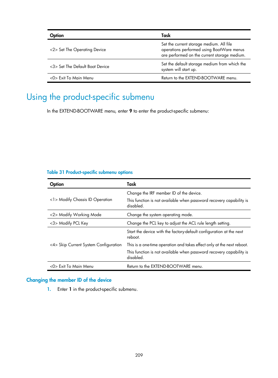 Using the product-specific submenu, Changing the member id of the device, Using | The product-specific submenu | H3C Technologies H3C S12500 Series Switches User Manual | Page 221 / 237