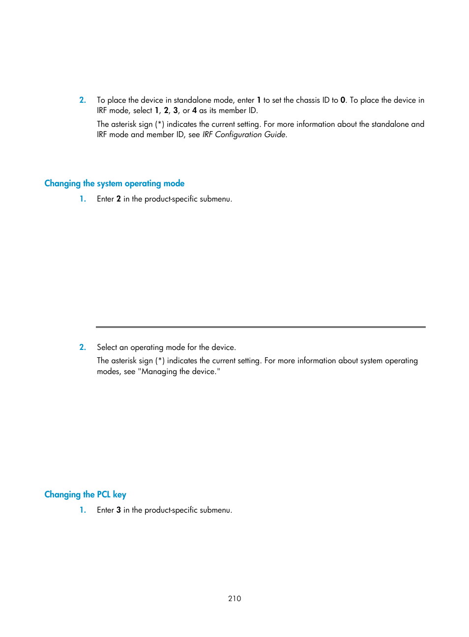 Changing the system operating mode, Changing the pcl key | H3C Technologies H3C S12500 Series Switches User Manual | Page 222 / 237