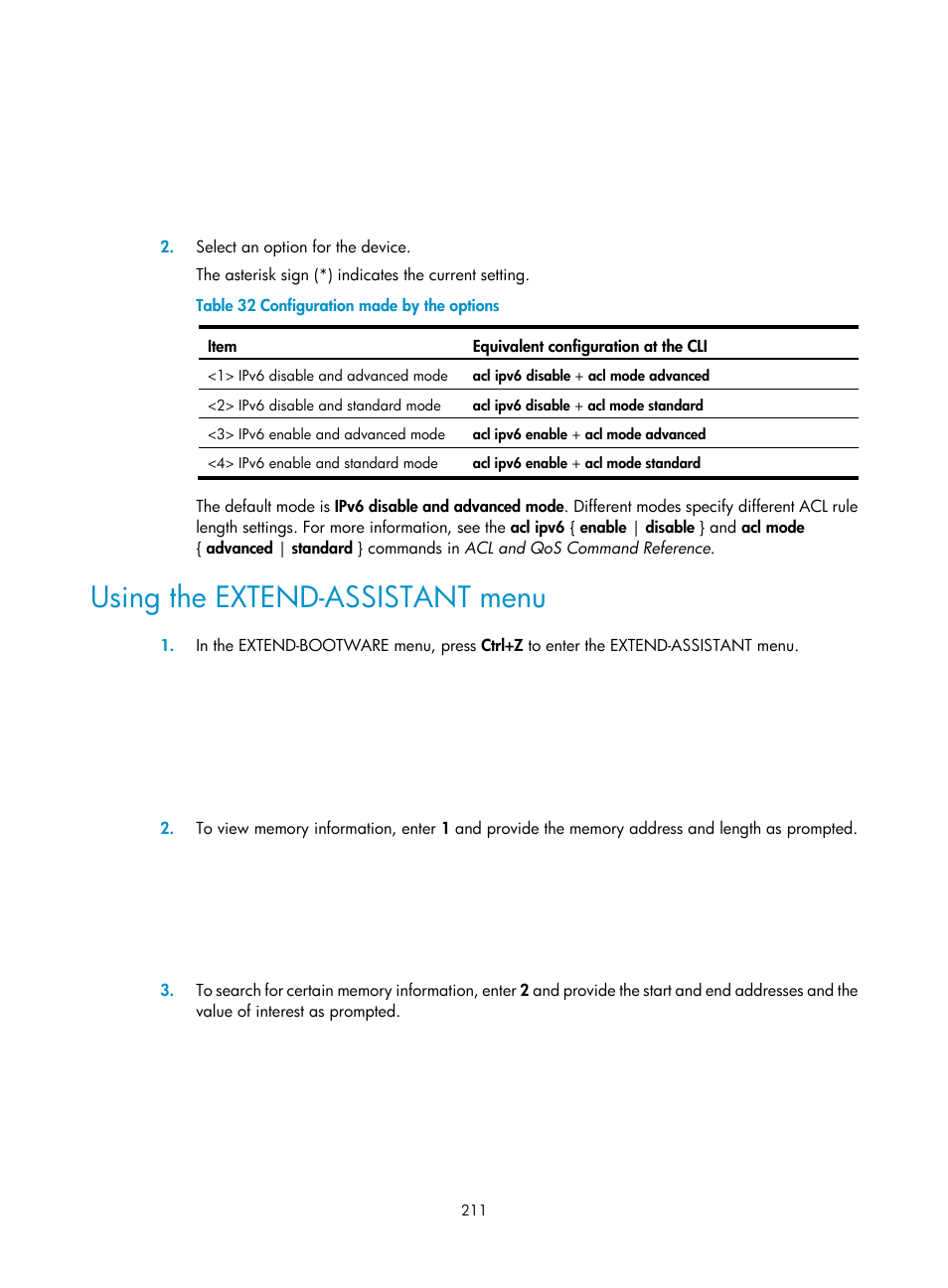 Using the extend-assistant menu, Using the extend-assistant, Menu | H3C Technologies H3C S12500 Series Switches User Manual | Page 223 / 237