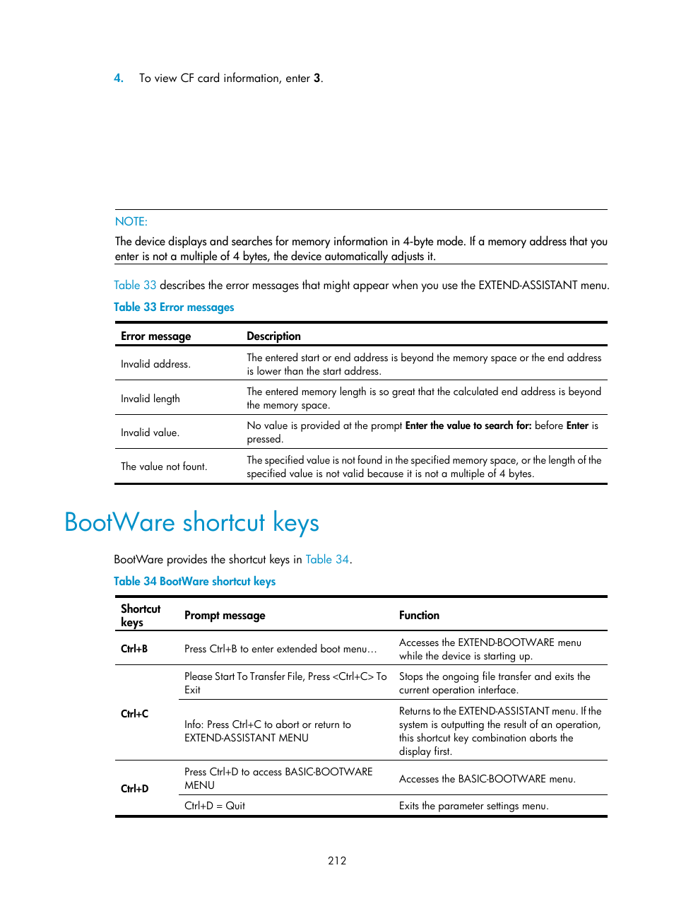 Bootware shortcut keys | H3C Technologies H3C S12500 Series Switches User Manual | Page 224 / 237