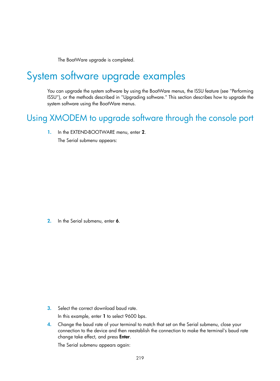 System software upgrade examples | H3C Technologies H3C S12500 Series Switches User Manual | Page 231 / 237