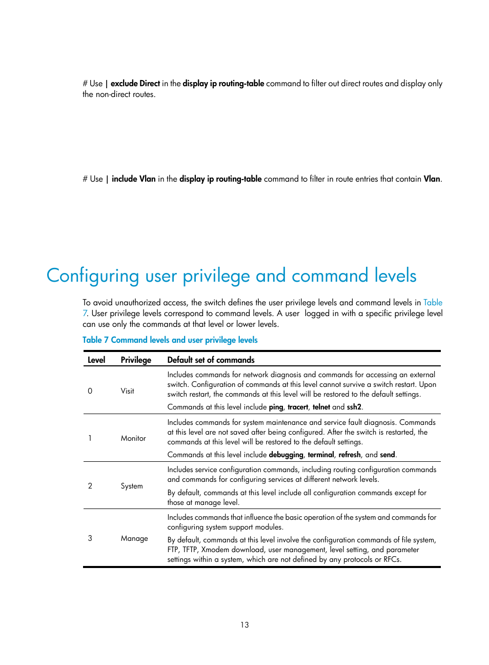 Configuring user privilege and command levels | H3C Technologies H3C S12500 Series Switches User Manual | Page 25 / 237