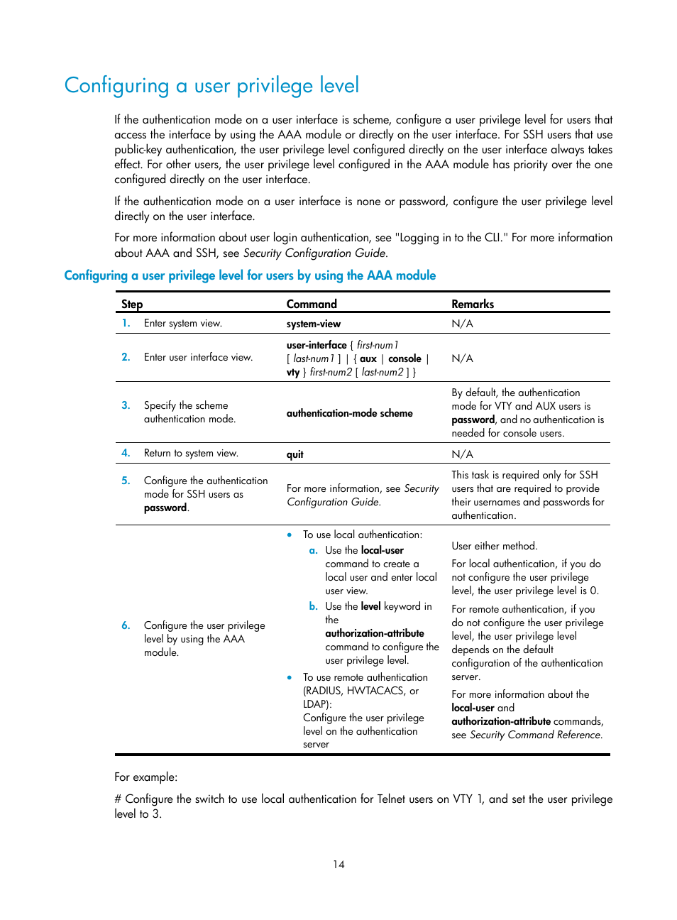 Configuring a user privilege level | H3C Technologies H3C S12500 Series Switches User Manual | Page 26 / 237