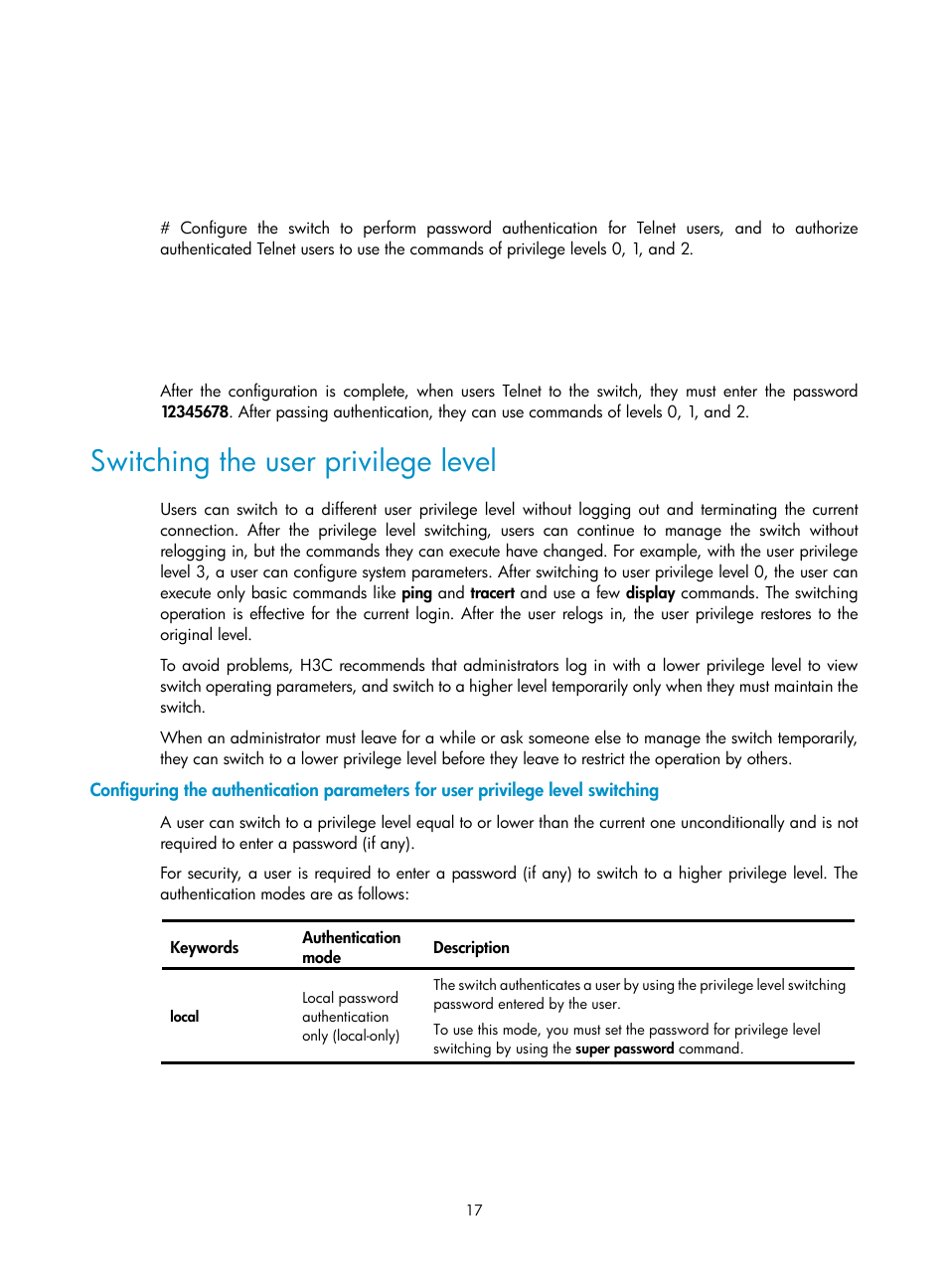 Switching the user privilege level | H3C Technologies H3C S12500 Series Switches User Manual | Page 29 / 237