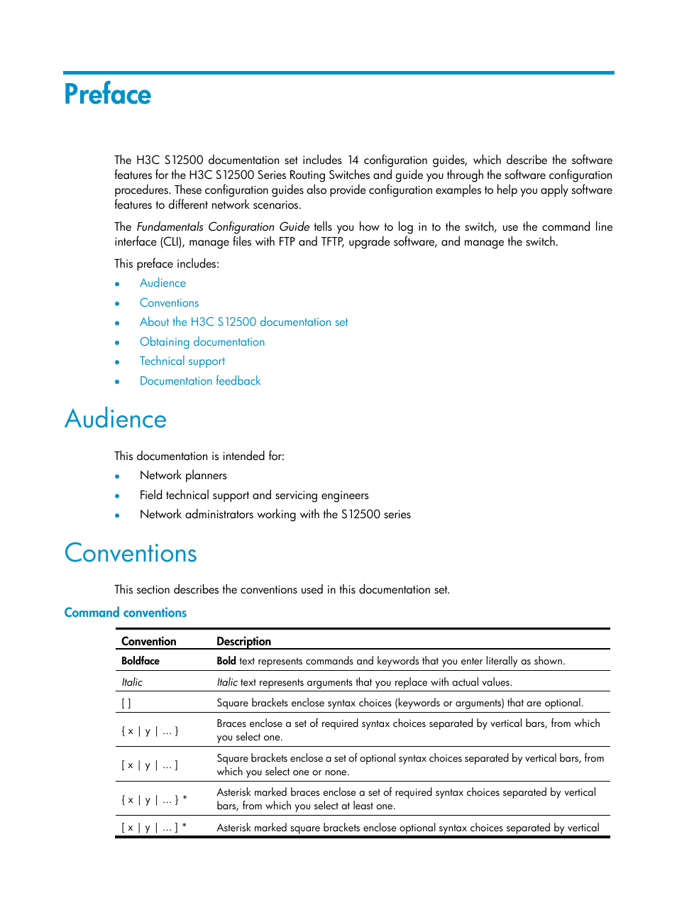 Preface, Audience, Conventions | Command conventions | H3C Technologies H3C S12500 Series Switches User Manual | Page 3 / 237