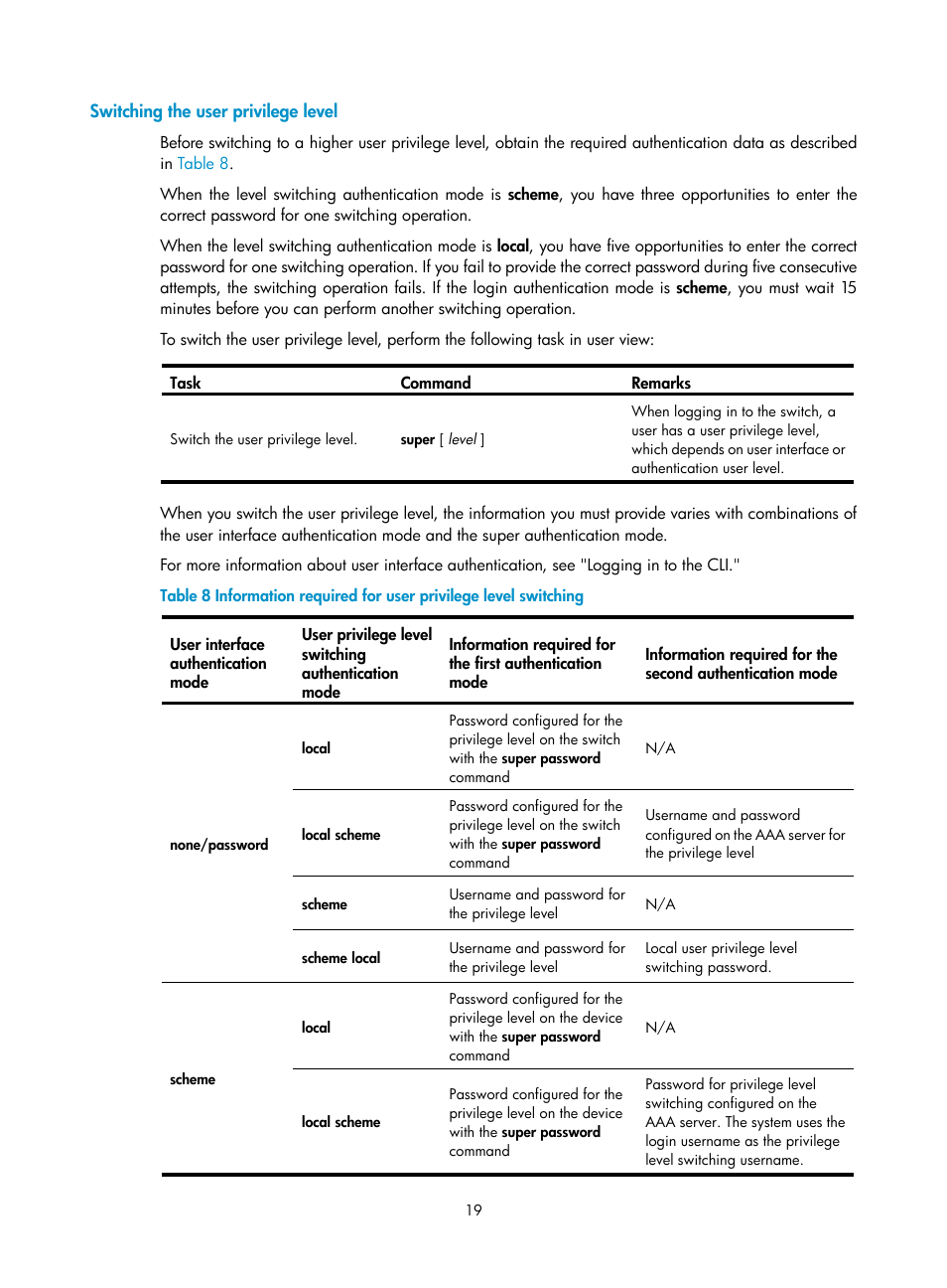 Switching the user privilege level | H3C Technologies H3C S12500 Series Switches User Manual | Page 31 / 237