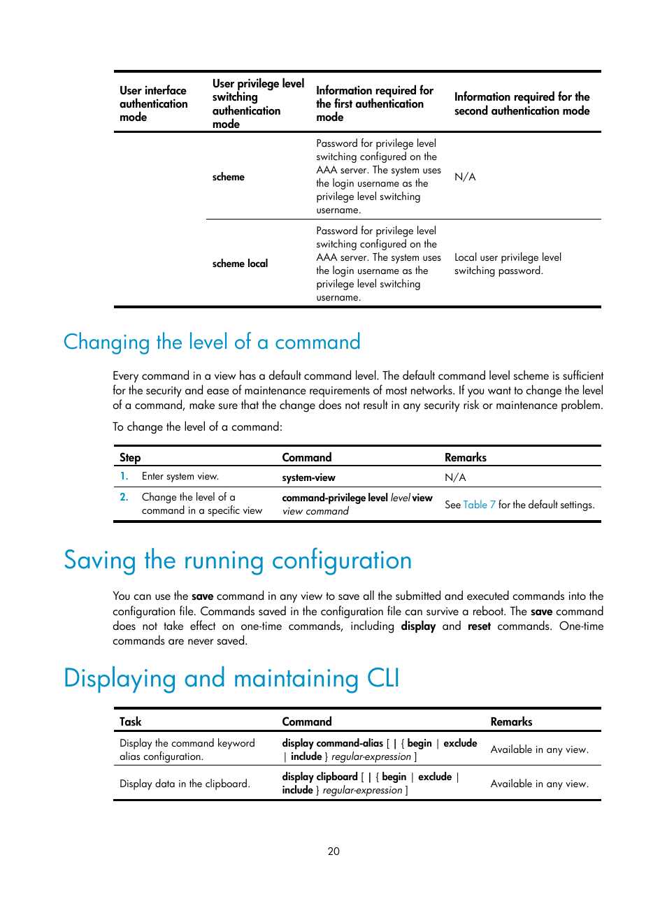 Changing the level of a command, Saving the running configuration, Displaying and maintaining cli | H3C Technologies H3C S12500 Series Switches User Manual | Page 32 / 237