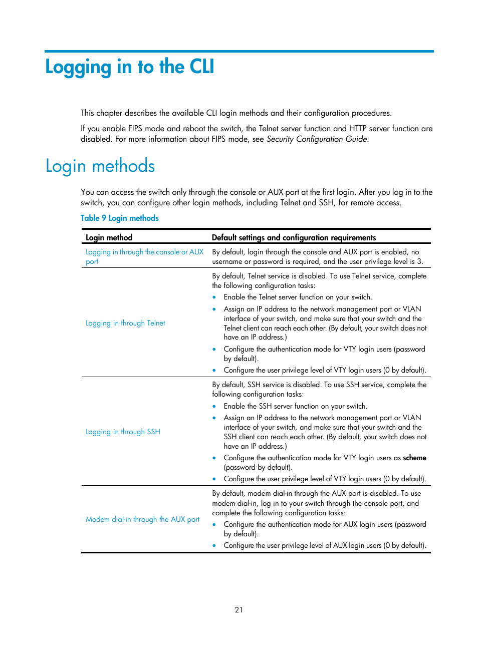 Logging in to the cli, Login methods | H3C Technologies H3C S12500 Series Switches User Manual | Page 33 / 237