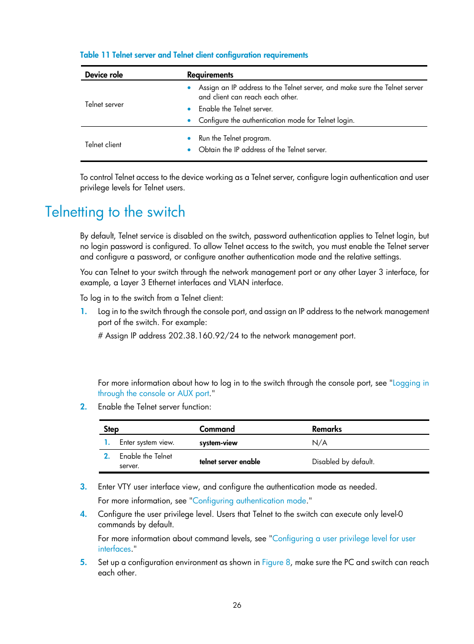 Telnetting to the switch, Table 11 | H3C Technologies H3C S12500 Series Switches User Manual | Page 38 / 237