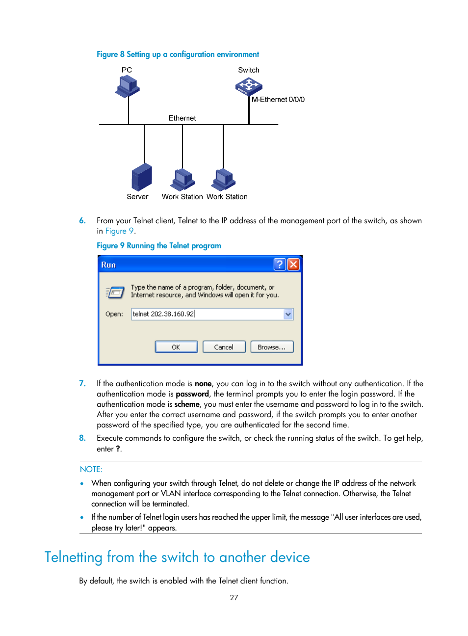 Telnetting from the switch to another device, Figure 8 | H3C Technologies H3C S12500 Series Switches User Manual | Page 39 / 237