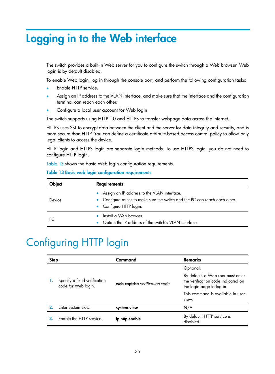 Logging in to the web interface, Configuring http login | H3C Technologies H3C S12500 Series Switches User Manual | Page 47 / 237
