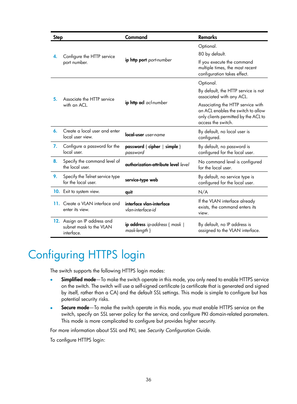 Configuring https login | H3C Technologies H3C S12500 Series Switches User Manual | Page 48 / 237
