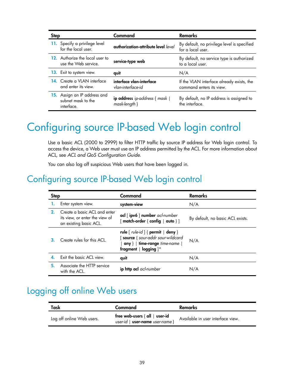 Configuring source ip-based web login control, Logging off online web users | H3C Technologies H3C S12500 Series Switches User Manual | Page 51 / 237