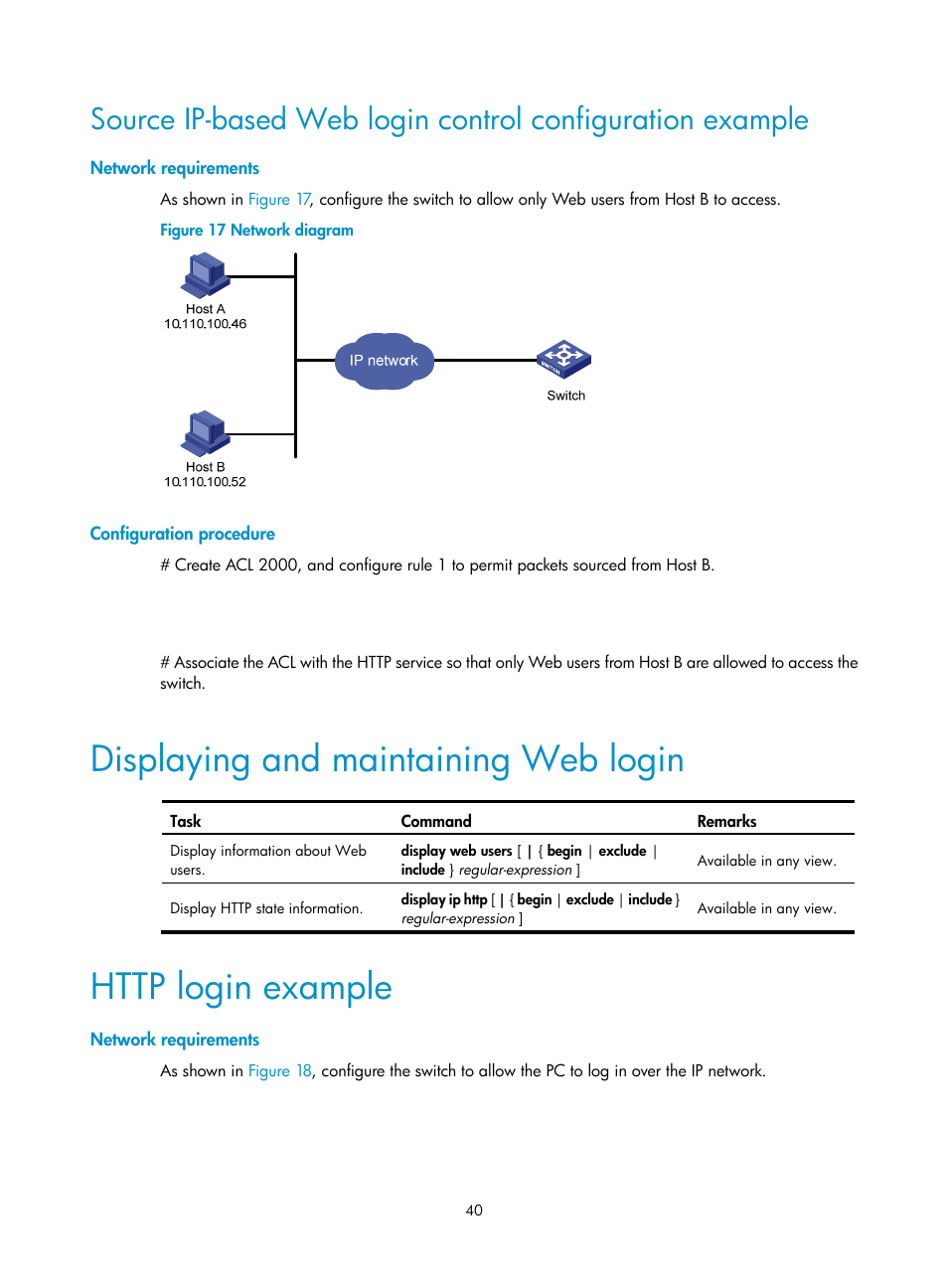 Network requirements, Configuration procedure, Displaying and maintaining web login | Http login example | H3C Technologies H3C S12500 Series Switches User Manual | Page 52 / 237
