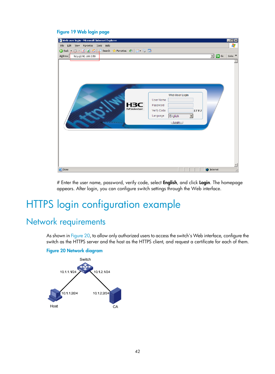 Https login configuration example, Network requirements | H3C Technologies H3C S12500 Series Switches User Manual | Page 54 / 237