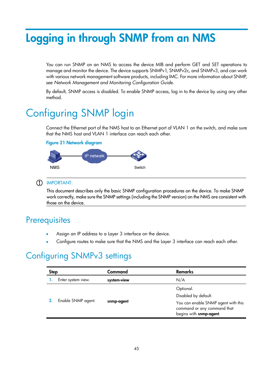 Logging in through snmp from an nms, Configuring snmp login, Prerequisites | Configuring snmpv3 settings | H3C Technologies H3C S12500 Series Switches User Manual | Page 57 / 237