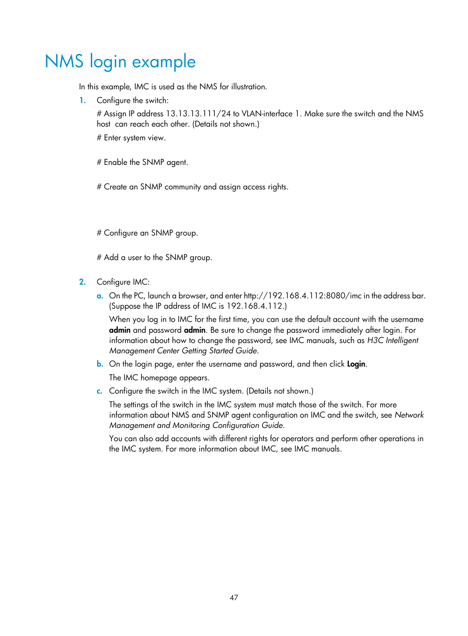 Nms login example | H3C Technologies H3C S12500 Series Switches User Manual | Page 59 / 237